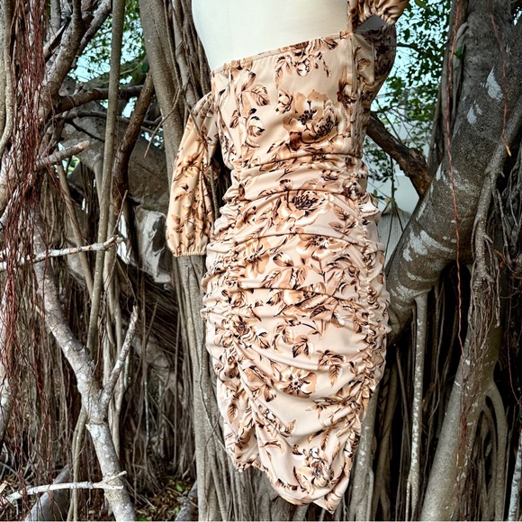 Brown Floral Corset Mini Dress Size M 8 Cold Shoulder Ruched Cocktail Party Zip - Picture 6 of 17